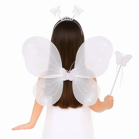 Beyaz Kelebek Kız Seti – 50 Cm Kelebek Kanadı, Taç Ve Asa