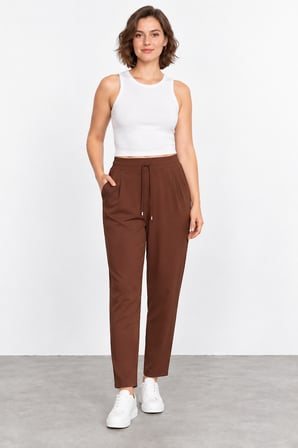 Kadın Beli Lastikli Bağcıklı Viskoz Pantolon W27-1324 - Kahverengi