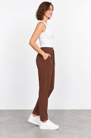 Kadın Beli Lastikli Bağcıklı Viskoz Pantolon W27-1324 - Kahverengi