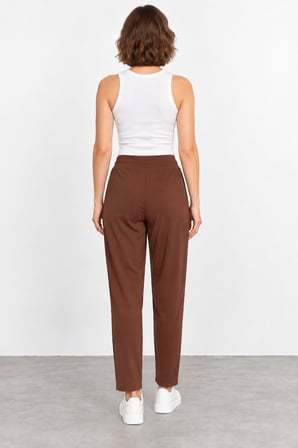 Kadın Beli Lastikli Bağcıklı Viskoz Pantolon W27-1324 - Kahverengi