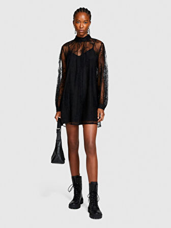 Yüksek Yakalı Uzun Kollu Dantel Elbise Kadın Siyah Elbise - 323A4FBYLV048