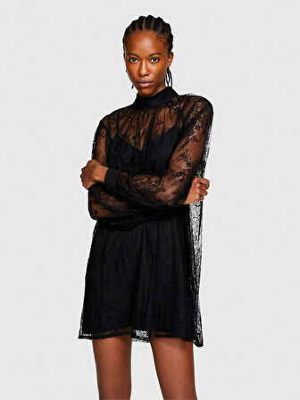 Yüksek Yakalı Uzun Kollu Dantel Elbise Kadın Siyah Elbise - 323A4FBYLV048