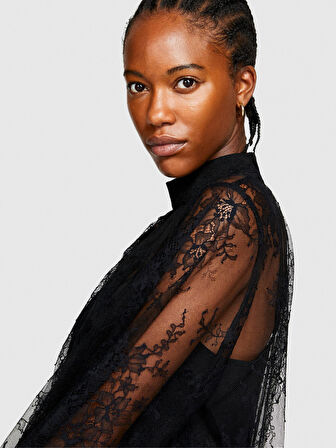 Yüksek Yakalı Uzun Kollu Dantel Elbise Kadın Siyah Elbise - 323A4FBYLV048