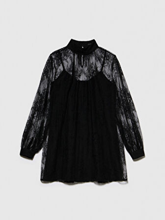 Yüksek Yakalı Uzun Kollu Dantel Elbise Kadın Siyah Elbise - 323A4FBYLV048