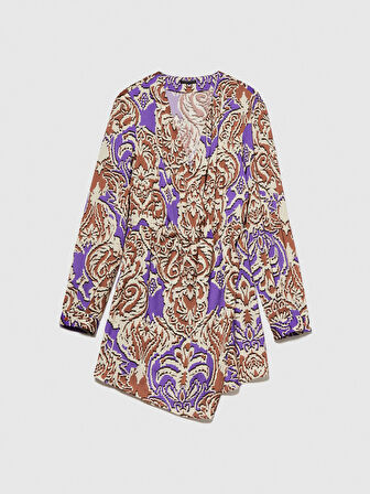 V Yaka Desenli Hafif Dökümlü Uzun Kollu Elbise Kadın Turuncu Elbise - 323A42WELV04I