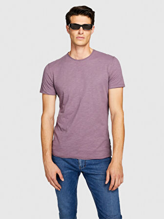 %100 Koton Slim Fit Slub T-Shirt Erkek Mor T-Shirt - 323A3YR7S101K
