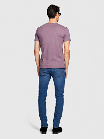%100 Koton Slim Fit Slub T-Shirt Erkek Mor T-Shirt - 323A3YR7S101K