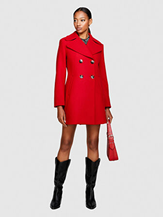 Yün Karışımlı Slim Fit Kruvaze Kaban Kadın Kırmızı Mont - 323A2H4ZLN03J