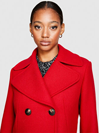 Yün Karışımlı Slim Fit Kruvaze Kaban Kadın Kırmızı Mont - 323A2H4ZLN03J