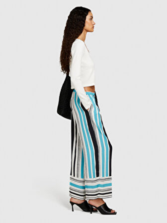 %100 Viskoz Beli Lastikli Paça Detaylı Desenli Kloş Pantolon Kadın Lacivert Pantolon - 324P4VJDLF05C