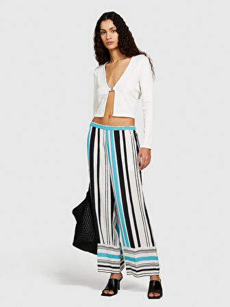 %100 Viskoz Beli Lastikli Paça Detaylı Desenli Kloş Pantolon Kadın Lacivert Pantolon - 324P4VJDLF05C