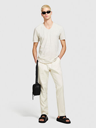 %100 Pamuk V Yaka Slim Fit T-Shirt Erkek Bej T-Shirt - 324P3WF0S4001