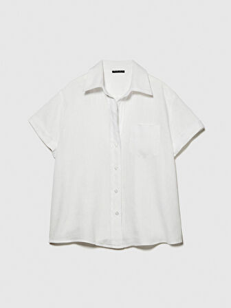 %100 Keten Düğmeli Göğüs Cepli Kısa Kollu Gömlek Kadın Beyaz Gömlek - 324P5BMLLQ042