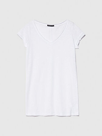 Pamuk Modal Karışımlı Normal Kalıp V Yaka T-Shirt Kadın Beyaz T-Shirt - 324P3TNHL4007