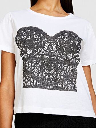 %100 Pamuk Fotoğraf Baskılı Bisiklet Yaka T-Shirt Kadın Beyaz T-Shirt - 324P3KRXL105B