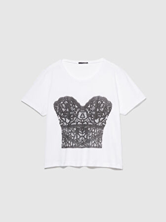 %100 Pamuk Fotoğraf Baskılı Bisiklet Yaka T-Shirt Kadın Beyaz T-Shirt - 324P3KRXL105B