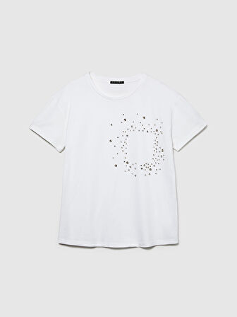 %100 Pamuk Göğsü Payet İşlemeli Bisiklet Yaka T-Shirt Kadın Beyaz T-Shirt - 324P3F1QL1054