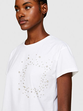 %100 Pamuk Göğsü Payet İşlemeli Bisiklet Yaka T-Shirt Kadın Beyaz T-Shirt - 324P3F1QL1054