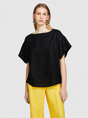 %100 Keten Rahat Kesim Kayık Yaka Bluz Kadın Siyah Bluz - 324P5BMLLQ06R