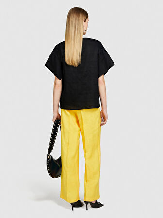 %100 Keten Rahat Kesim Kayık Yaka Bluz Kadın Siyah Bluz - 324P5BMLLQ06R