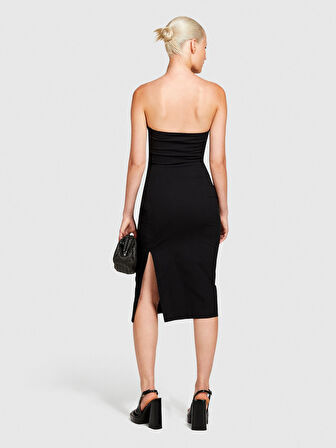 Streç Pamuklu Önü Büzgülü Dar Kesim Straplez Elbise Kadın Siyah Elbise - 324P4ORPLV05M