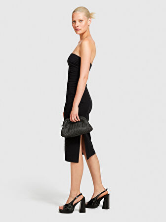 Streç Pamuklu Önü Büzgülü Dar Kesim Straplez Elbise Kadın Siyah Elbise - 324P4ORPLV05M