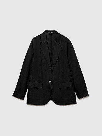 %100 Keten Kapaklı Cep Tasarımı Tek Düğmeli Blazer Ceket Kadın Siyah Ceket - 324P2AGHLW019
