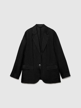 %100 Keten Kapaklı Cep Tasarımı Tek Düğmeli Blazer Ceket Kadın Siyah Ceket - 324P2AGHLW019
