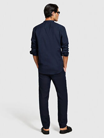 Keten Pamuk Karışımlı Hakim Yaka Regular Fit Gömlek Erkek Lacivert Gömlek - 324P59A2SQ03J