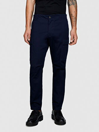 Streç Pamuklu Kemer Delikli Yama Cepli Dar Paça Pantolon Erkek Lacivert Pantolon - 324P4H2FSF03P