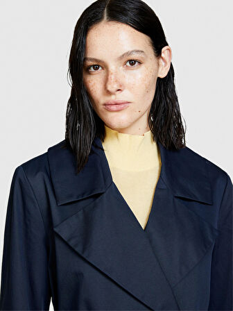 %100 Pamuk Geniş Yaka Beli Kuşaklı Trençkot Kadın Lacivert Trençkot - 324P2NNSLN025