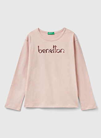 Benetton İşlemeli Toz Pembe Kadın T-Shirt 3ATNC10L0 3V5