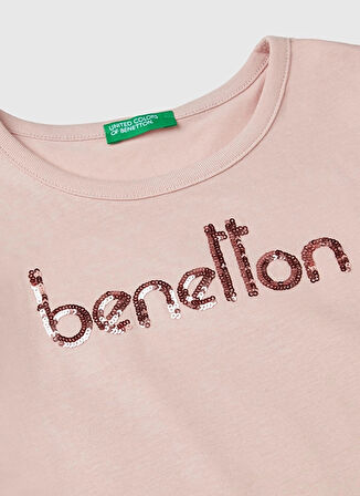 Benetton İşlemeli Toz Pembe Kadın T-Shirt 3ATNC10L0 3V5