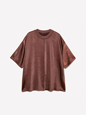 Yakası Ribanalı Over Fit Saten T-Shirt Kadın kahverengi T-Shirt - 325P5KANLQ08L