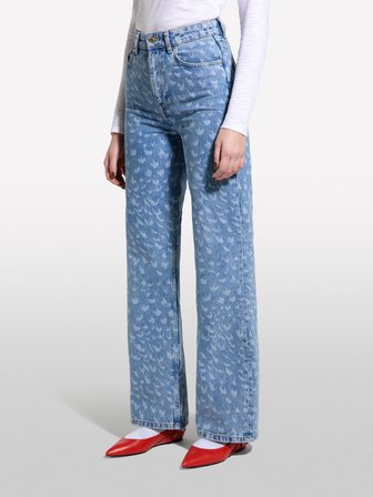 %100 Pamuk Baskılı Normal Bel Geniş Paça Denim Pantolon Kadın Buz mavisi Denim Pantolon - 325P43Y3LE04F