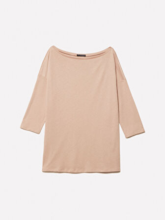 Modal Karışımlı Kayık Yaka Regular Fit T-Shirt Kadın Sütlü Kahve T-Shirt - 325P3QU4L12EE