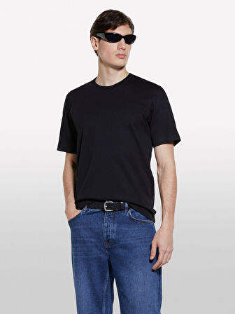 %100 Pamuk Ribanalı Bisiklet Yaka Regular Fit T-Shirt Erkek Siyah T-Shirt - 325P35MAS1049