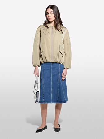 Taş Detaylı Hafif Dolgulu Bomber Ceket Kadın Kum Rengi Ceket - 325P2ZCRLN05L