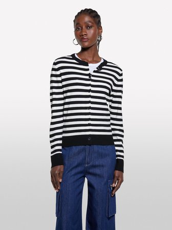 Viskoz Karışımlı Çizgili Bisiklet Yaka Slim Fit Hırka Kadın Siyah Hırka - 325P17Q3L500M