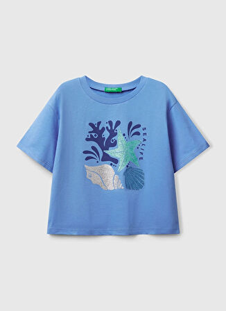 Benetton Baskılı Mavi Kız Çocuk T-Shirt 35RYC10OZ
