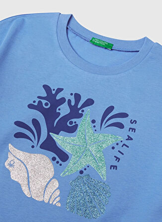Benetton Baskılı Mavi Kız Çocuk T-Shirt 35RYC10OZ