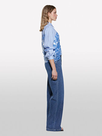 Payetli Tül Detaylı Astarlı V Yaka Askılı Üst Kadın Mavi Bluz - 325P5ZQWLH01K