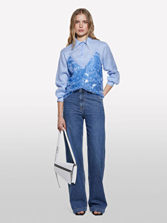 Payetli Tül Detaylı Astarlı V Yaka Askılı Üst Kadın Mavi Bluz - 325P5ZQWLH01K