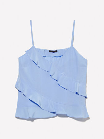 %100 Viskoz Fırfır Detaylı V Yaka Askılı Üst Kadın Mavi Bluz - 325P5LNTLH01J