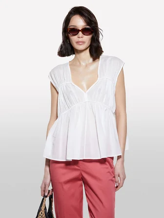 %100 Pamuk Büzgülü Kolsuz V Yaka Bluz Kadın Beyaz Bluz - 325P5HO1LQ08X