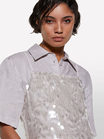 %100 Keten Kısa Kollu Gömlek Kadın Gri Gömlek - 325P5BMLLQ08U