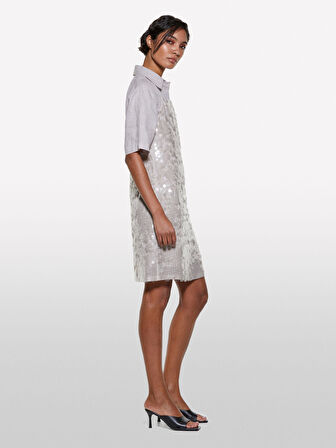 %100 Keten Kısa Kollu Gömlek Kadın Gri Gömlek - 325P5BMLLQ08U