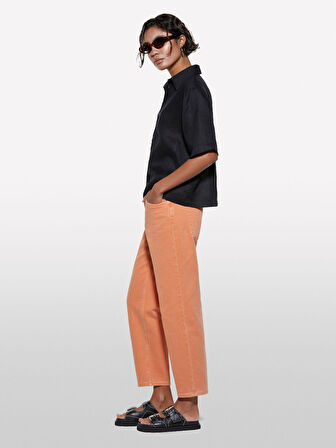 %100 Keten Kısa Kollu Gömlek Kadın Siyah Gömlek - 325P5BMLLQ08U