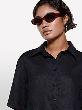 %100 Keten Kısa Kollu Gömlek Kadın Siyah Gömlek - 325P5BMLLQ08U