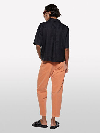 %100 Keten Kısa Kollu Gömlek Kadın Siyah Gömlek - 325P5BMLLQ08U